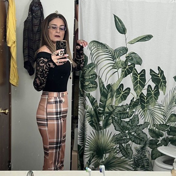 Women Dress Pants Small Brown Striped Print High Waist Leg Straigth Stretch Soft - Picture 9 of 16